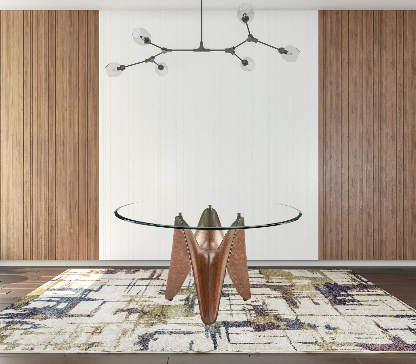 Clear And Brown Rounded Glass And Solid Manufactured Wood Pedestal Base Dining Table