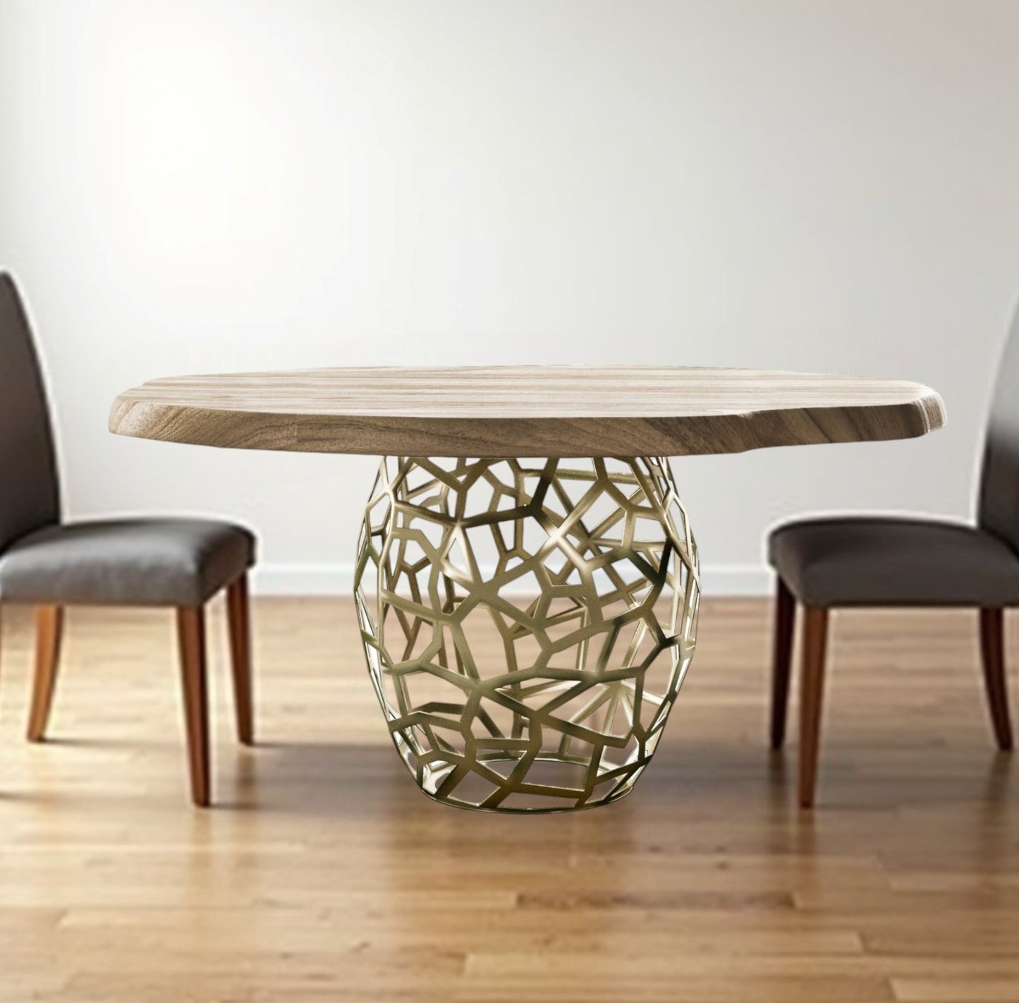 Acacia Live Edge Rounded Solid Wood And Brass Dining Table
