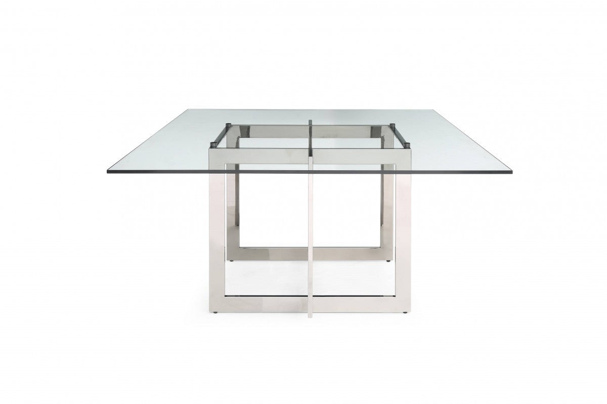 Clear And Gunmetal Square Glass And Stainless Steel Pedestal Base Dining Table