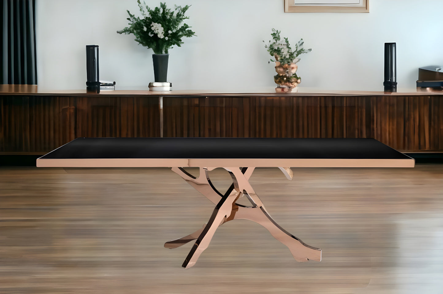 Black And Gold Glass And Stainless Steel Pedestal Base Dining Table
