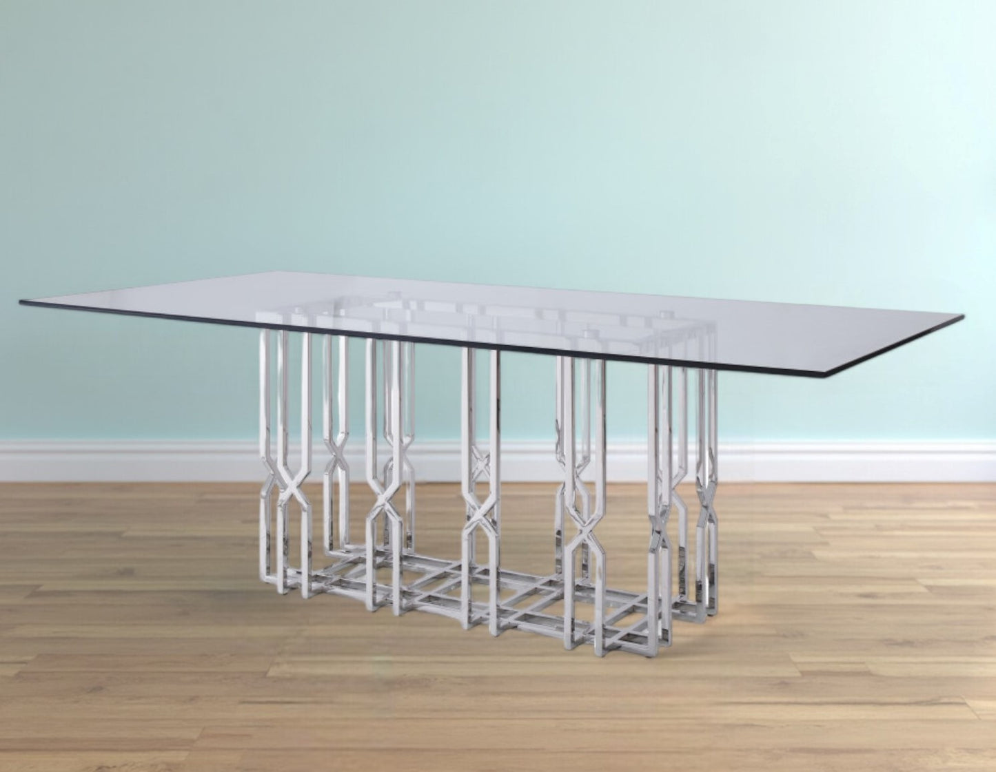 Clear And Silver Glass And Stainless Steel Pedestal Base Dining Table