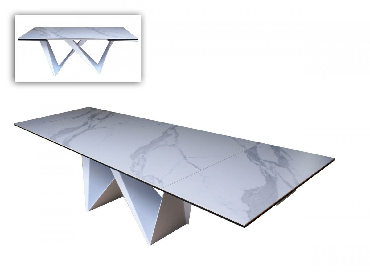 White Rectangular Ceramic And Metal Self-Storing Leaf Dining Table