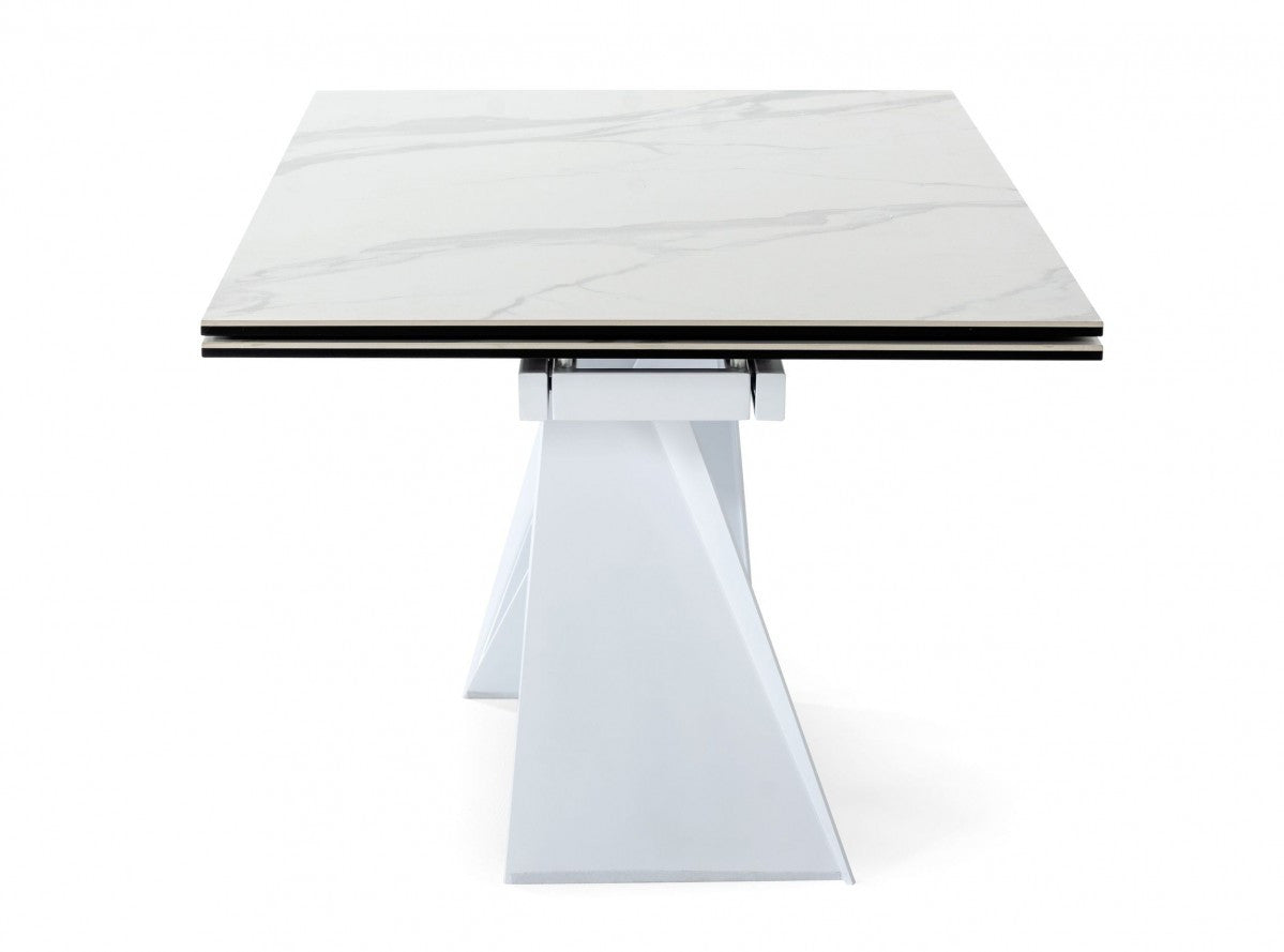 White Rectangular Ceramic And Metal Self-Storing Leaf Dining Table