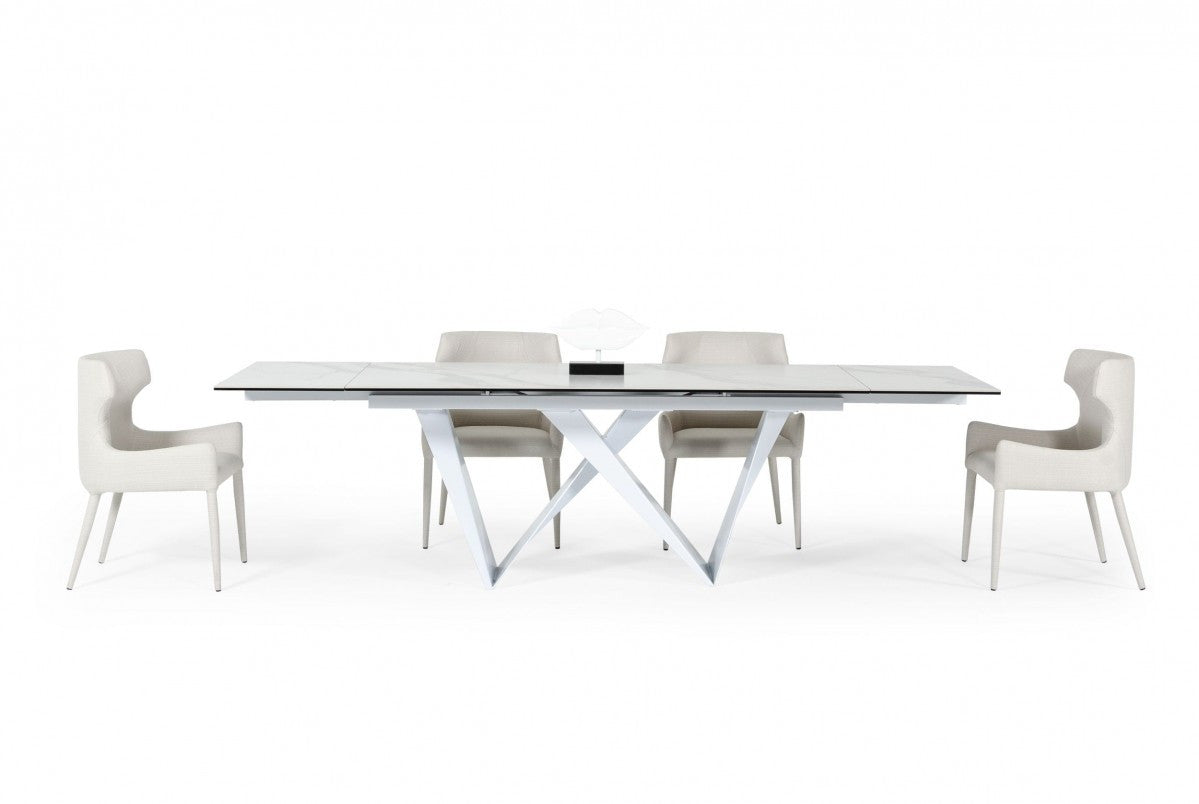 White Rectangular Ceramic And Metal Self-Storing Leaf Dining Table