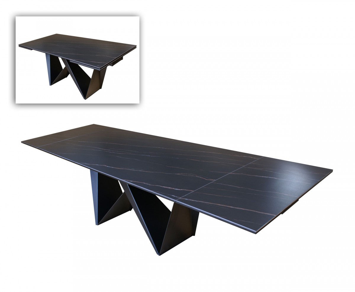 Black Rectangular Ceramic And Metal Self-Storing Leaf Dining Table