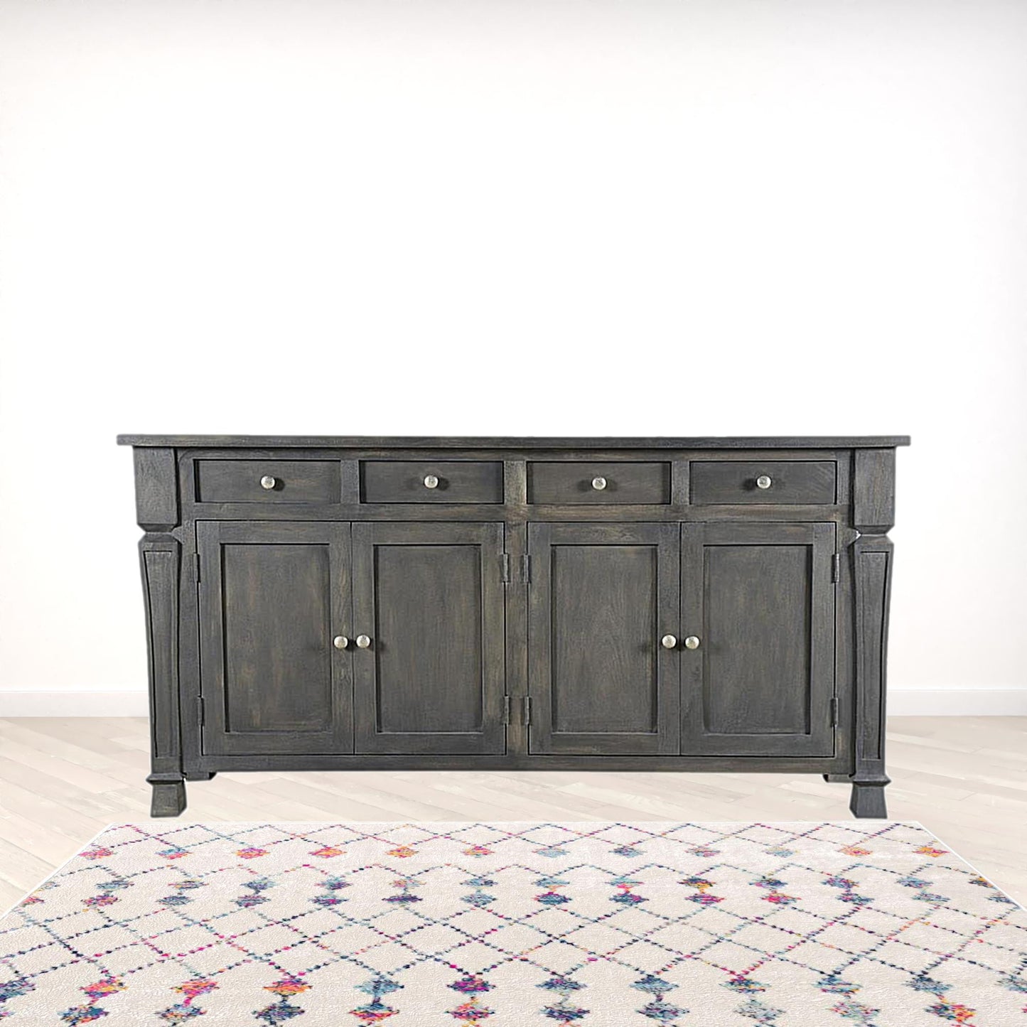 Dark Gray Solid Wood 4 Drawer Sideboard w/ 4 Doors