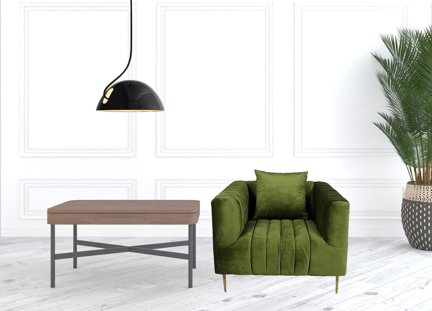 Olive Velvet & Gold Solid Color Lounge Chair