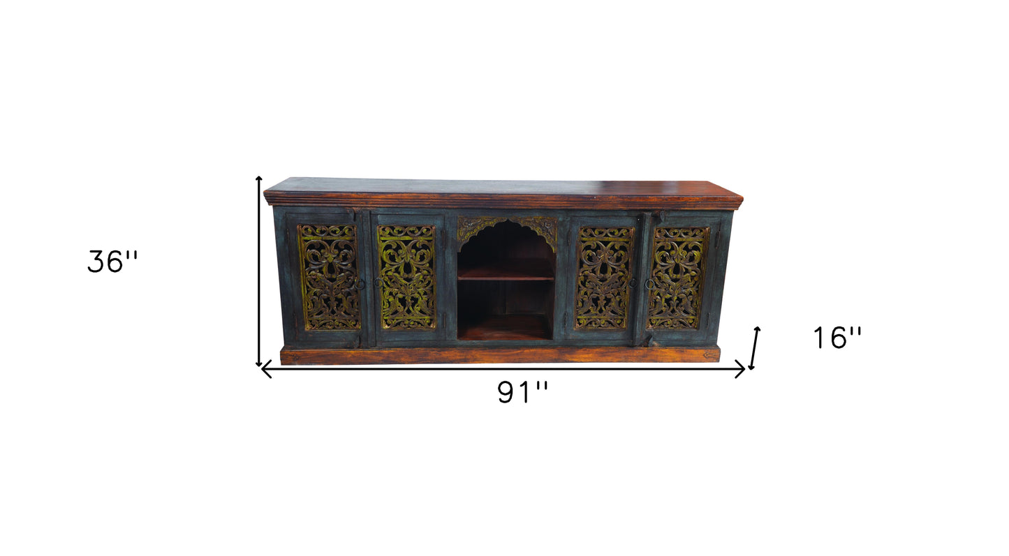 Brown Gray & Green Solid Wood Sideboard Table w/ 2 Doors