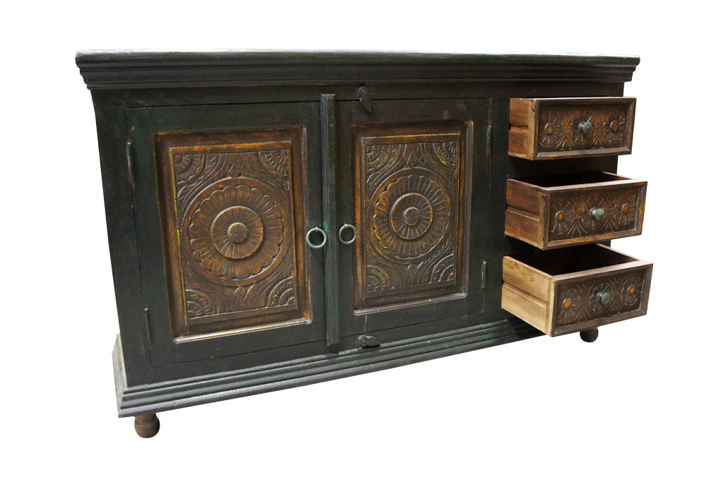 Dark Brown & Green Solid Wood 3 Drawer Sideboard Table w/ 2 Doors