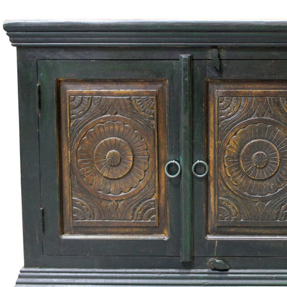 Dark Brown & Green Solid Wood 3 Drawer Sideboard Table w/ 2 Doors