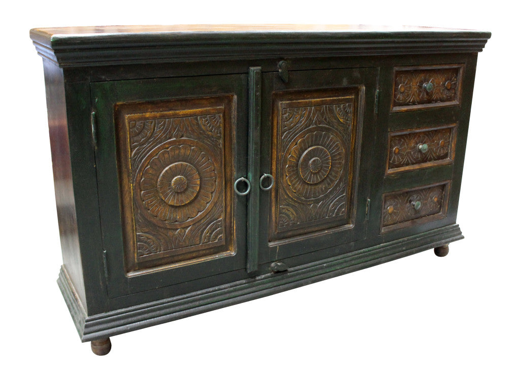 Dark Brown & Green Solid Wood 3 Drawer Sideboard Table w/ 2 Doors