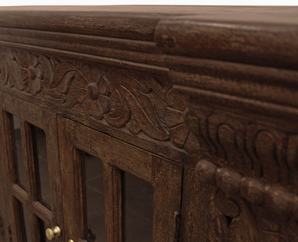 Brown Solid Wood Sideboard w/ 4 Glass Doors
