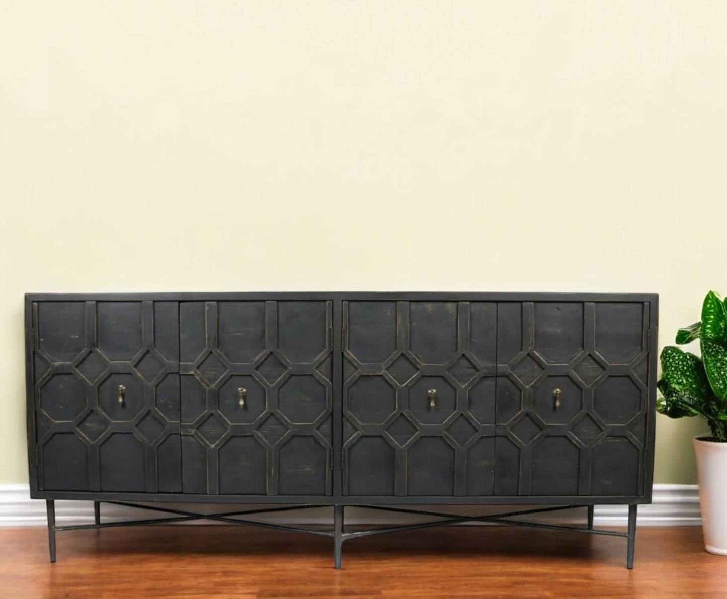 Black Solid Wood Sideboard w/ 4 Doors