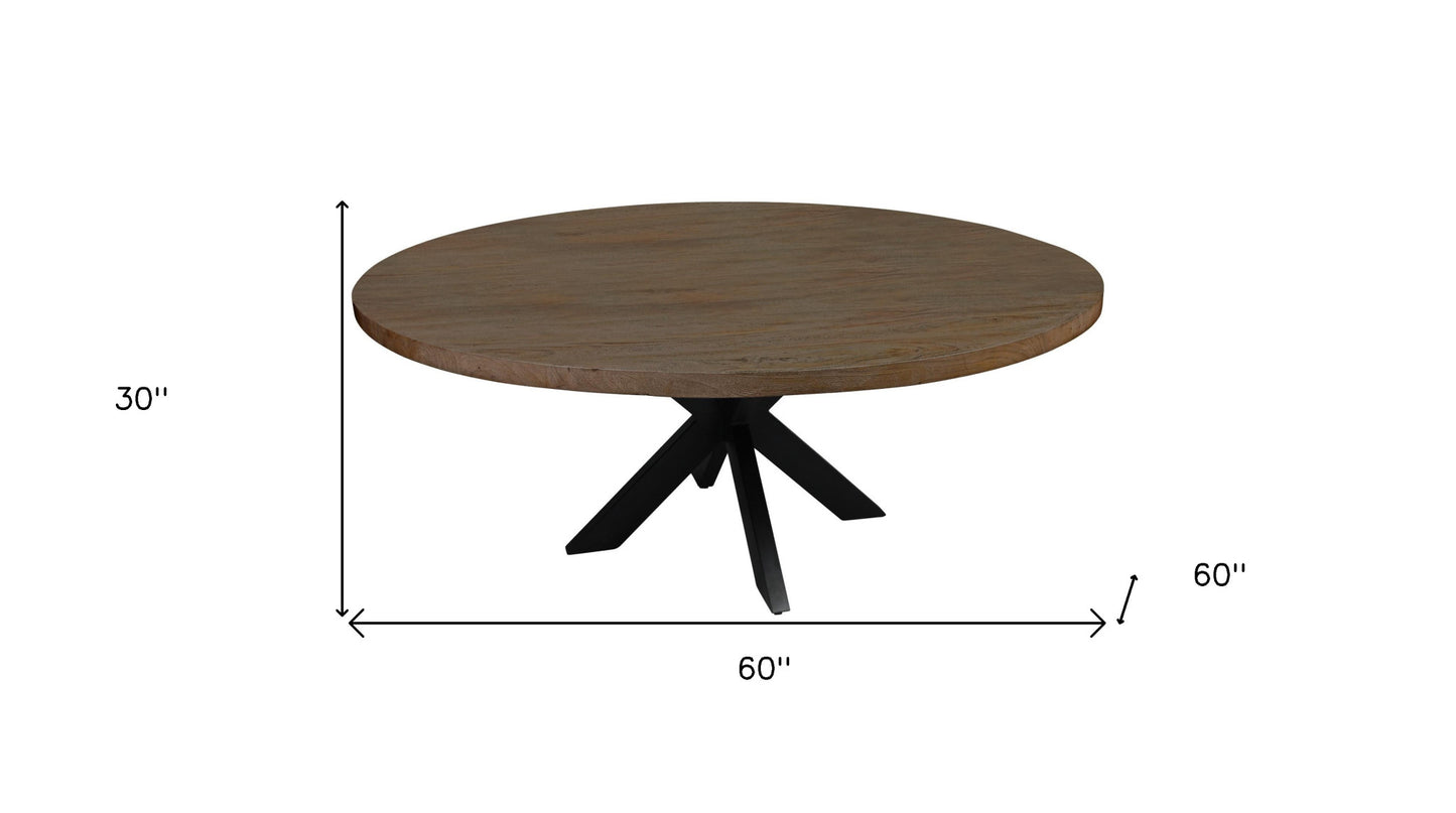 Natural And Black Rounded Solid Wood And Iron Pedestal Base Dining Table