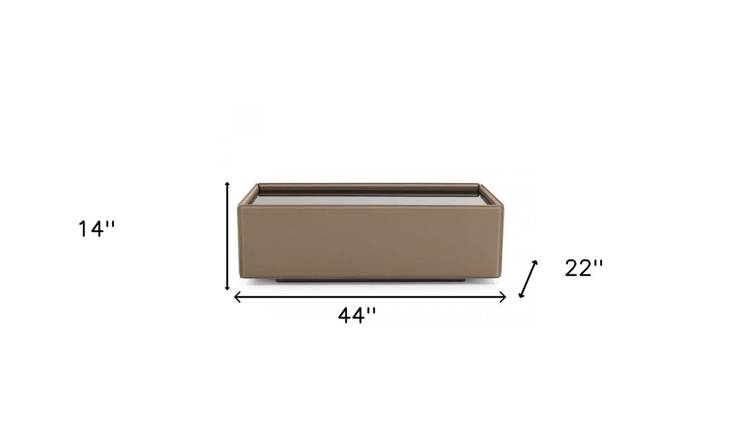 Beige & Black Faux Leather & Glass Coffee Table