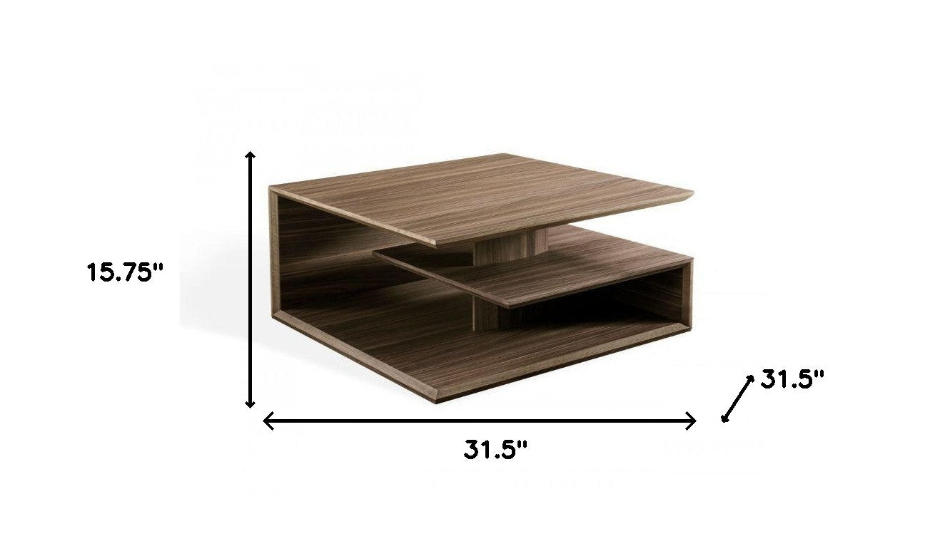 Walnut Solid Manufactured Wood Square Coffee Table w/ 2 Shelves