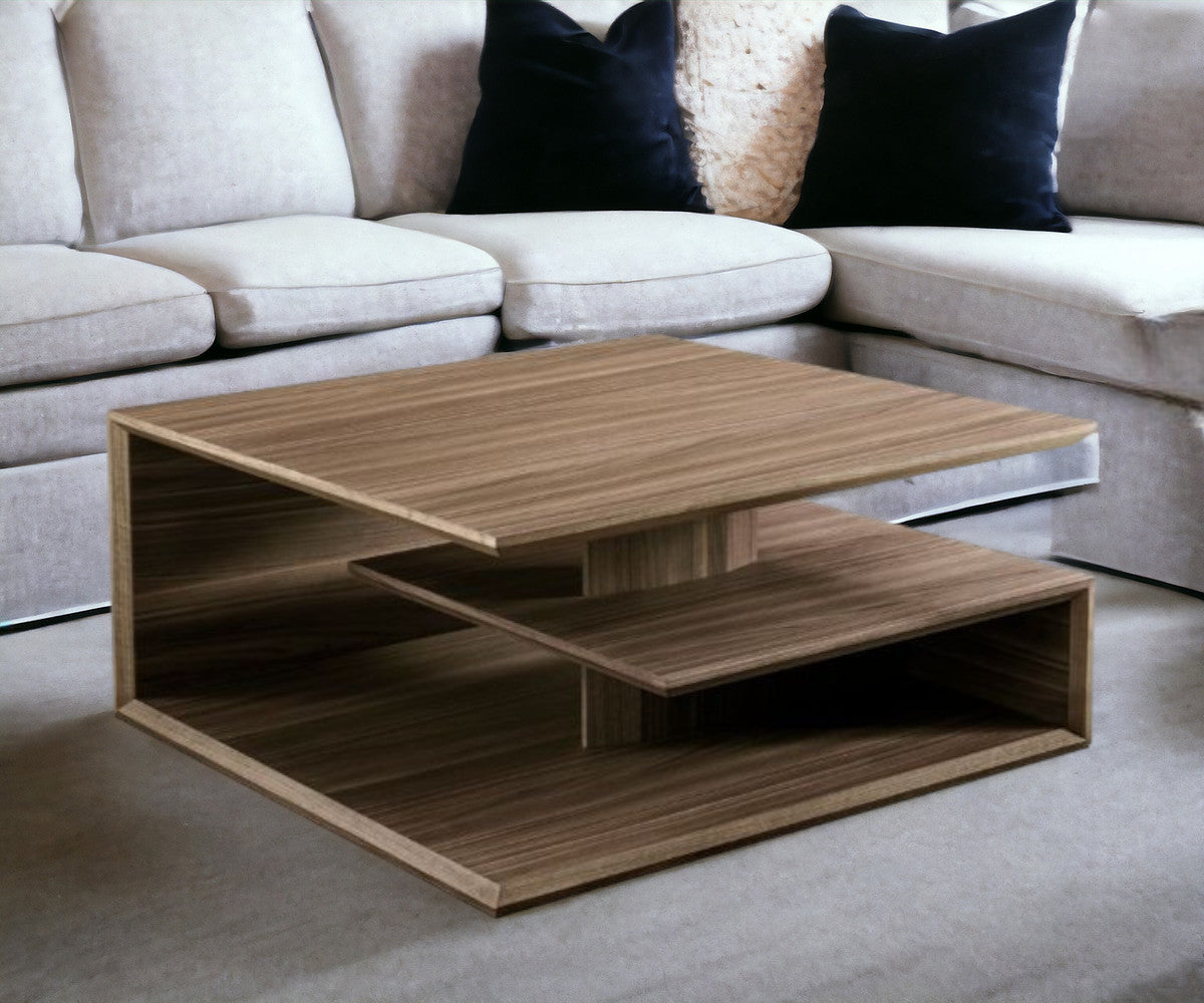 Walnut Solid Manufactured Wood Square Coffee Table w/ 2 Shelves