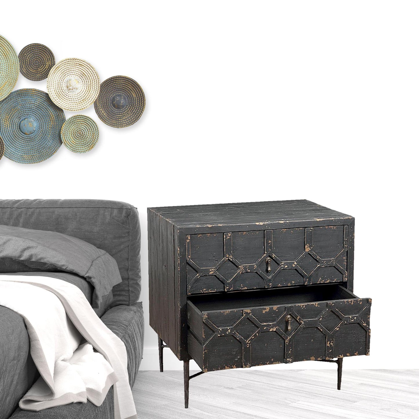 Black 2 Drawer Nightstand