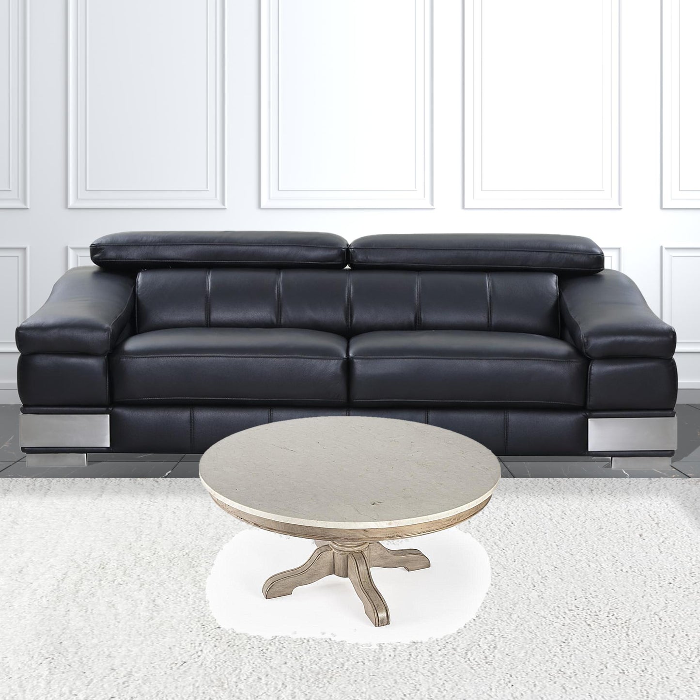Beige & Off White Genuine Marble Round Distressed Coffee Table