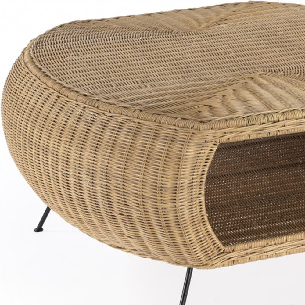 Natural & Black Rattan & Iron Oval Coffee Table