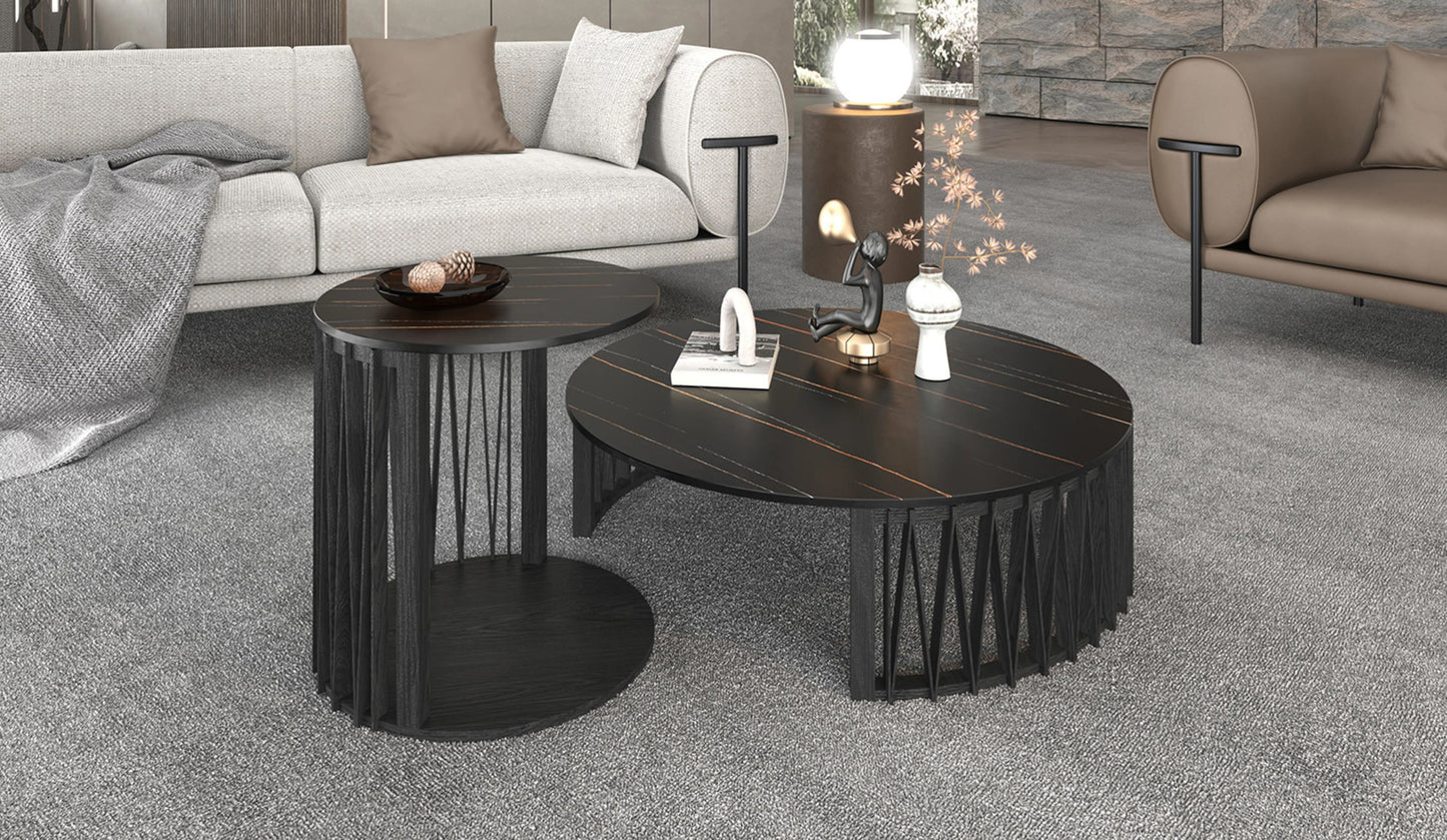 Black Marble & Solid Wood Round Nesting Tables
