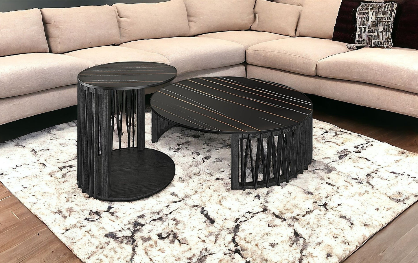 Black Marble & Solid Wood Round Nesting Tables