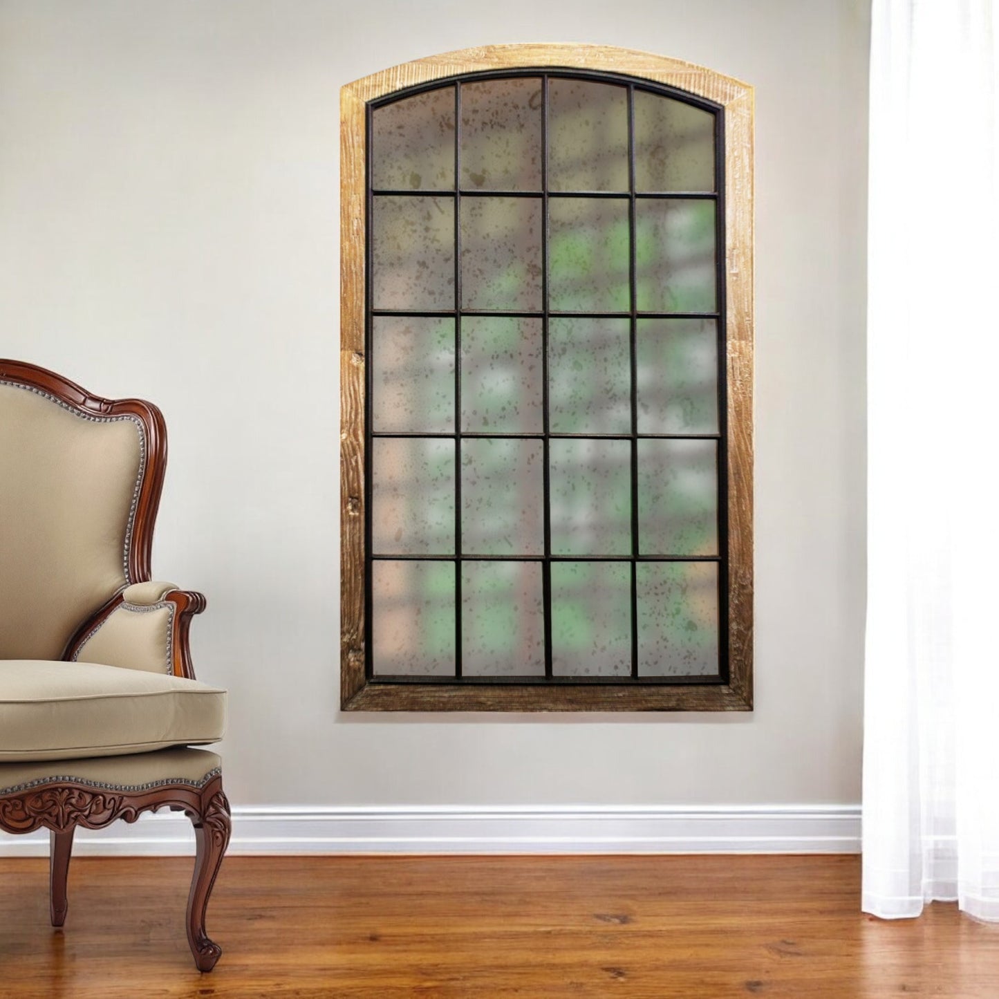 Brown Arch Solid Wood Framed Antiqued Glass Full Length Hanging Mirror
