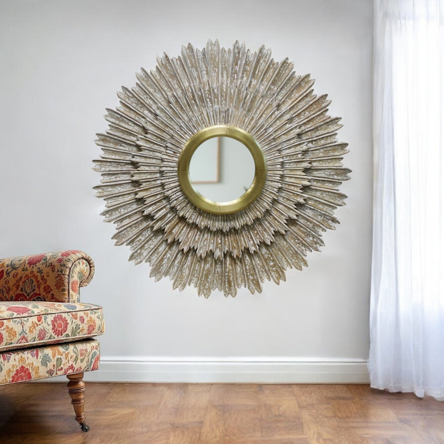 Antiqued Gold Sunburst Framed Accent Mirror