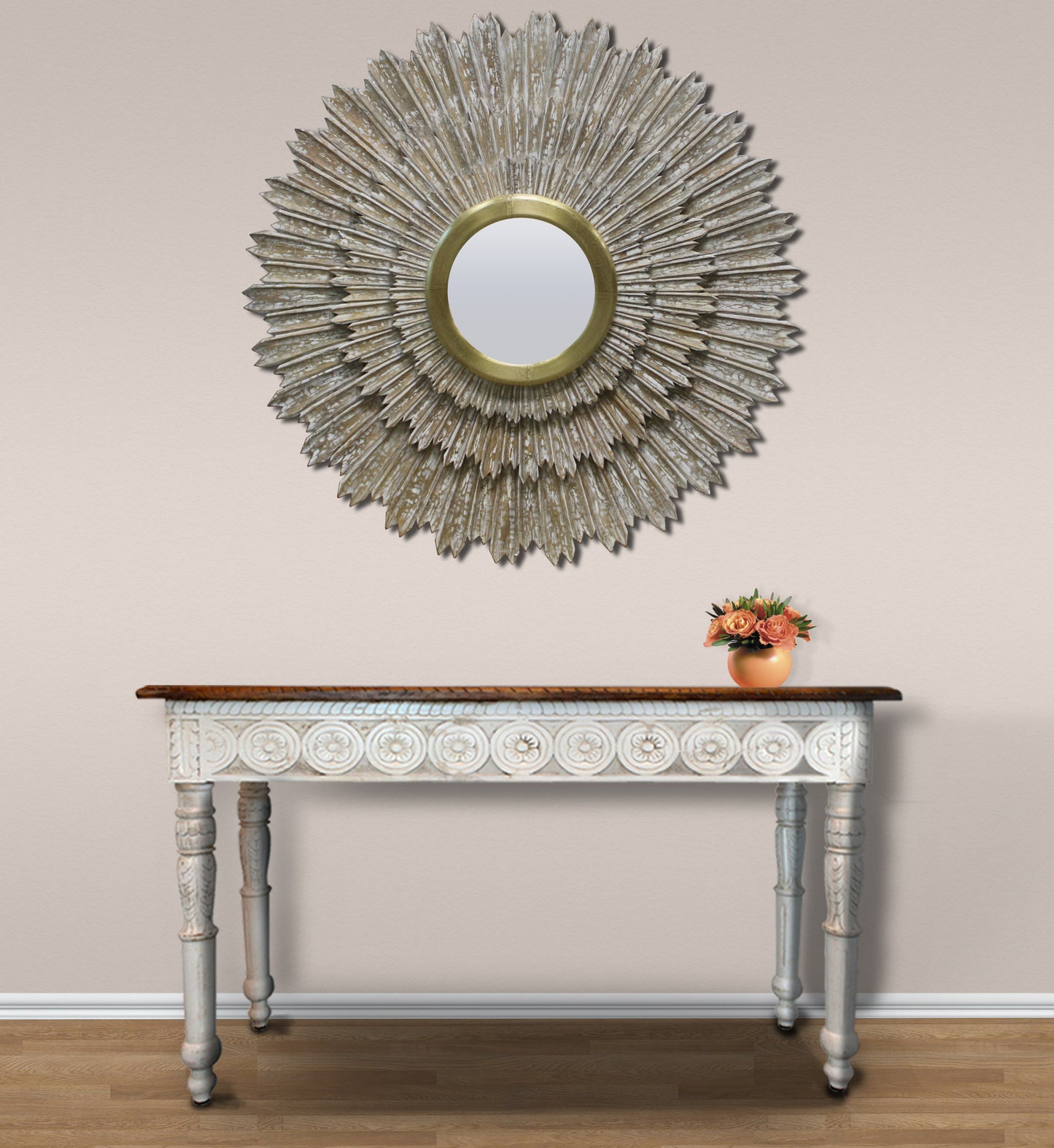 Antiqued Gold Sunburst Framed Accent Mirror