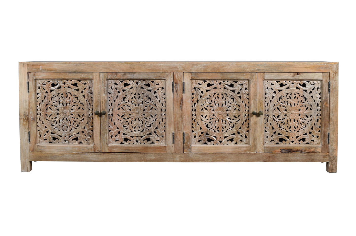 Natural Carved Floral Distressed Solid Wood Media Console