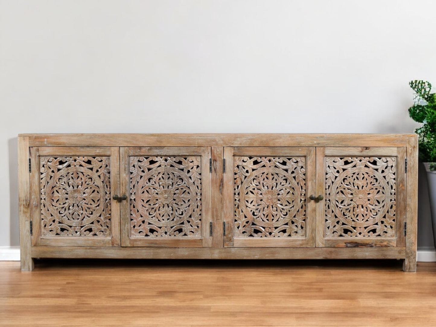 Natural Carved Floral Distressed Solid Wood Media Console