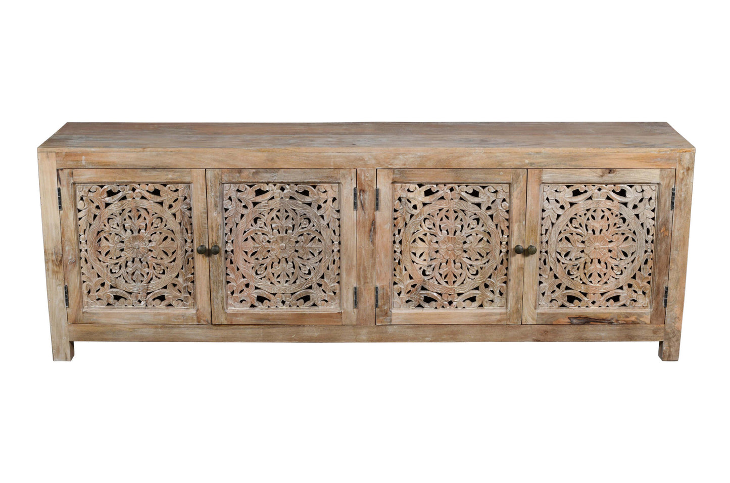 Natural Carved Floral Distressed Solid Wood Media Console