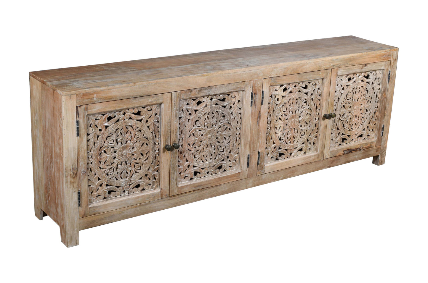 Natural Carved Floral Distressed Solid Wood Media Console