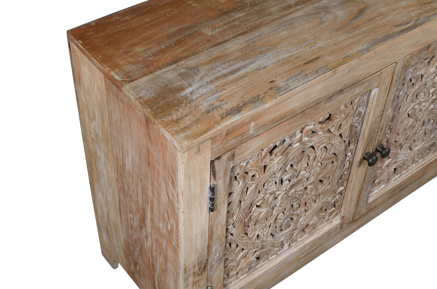 Natural Carved Floral Distressed Solid Wood Media Console