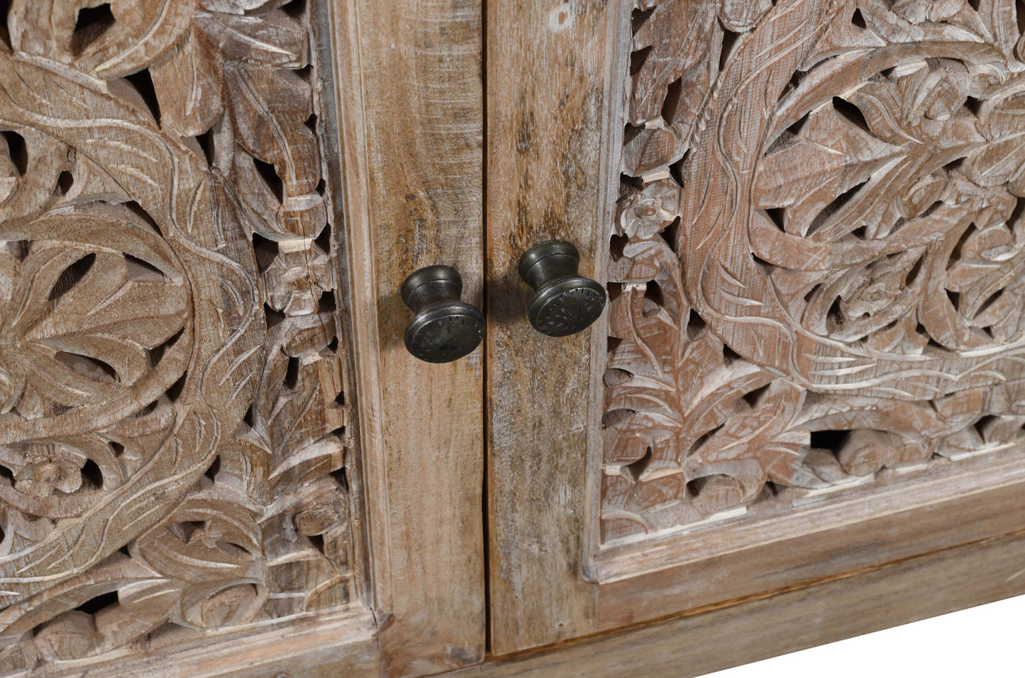 Natural Carved Floral Distressed Solid Wood Media Console