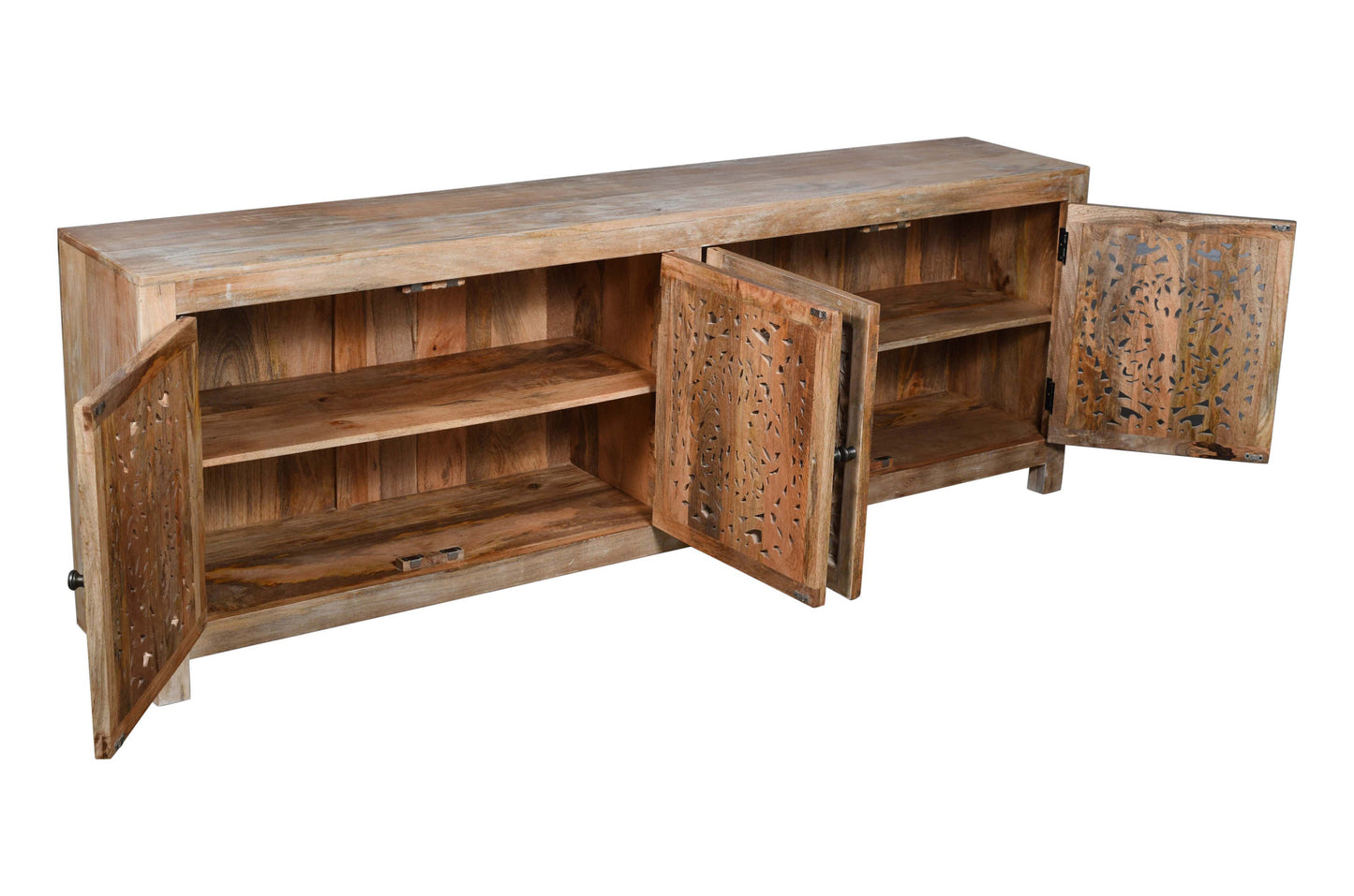 Natural Carved Floral Distressed Solid Wood Media Console