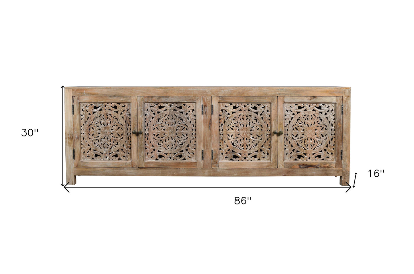 Natural Carved Floral Distressed Solid Wood Media Console