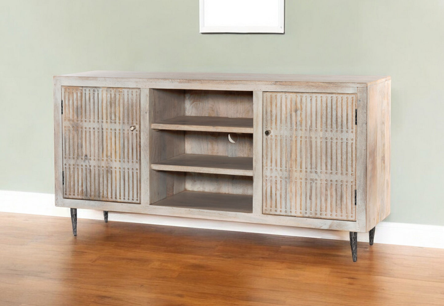 Ivory Carved Distressed Solid Wood Media Console