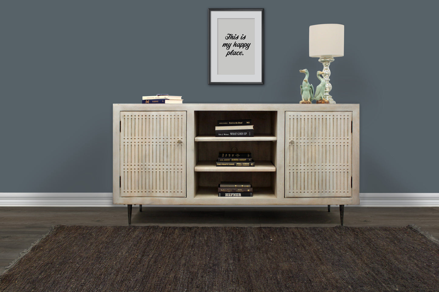 Ivory Carved Distressed Solid Wood Media Console