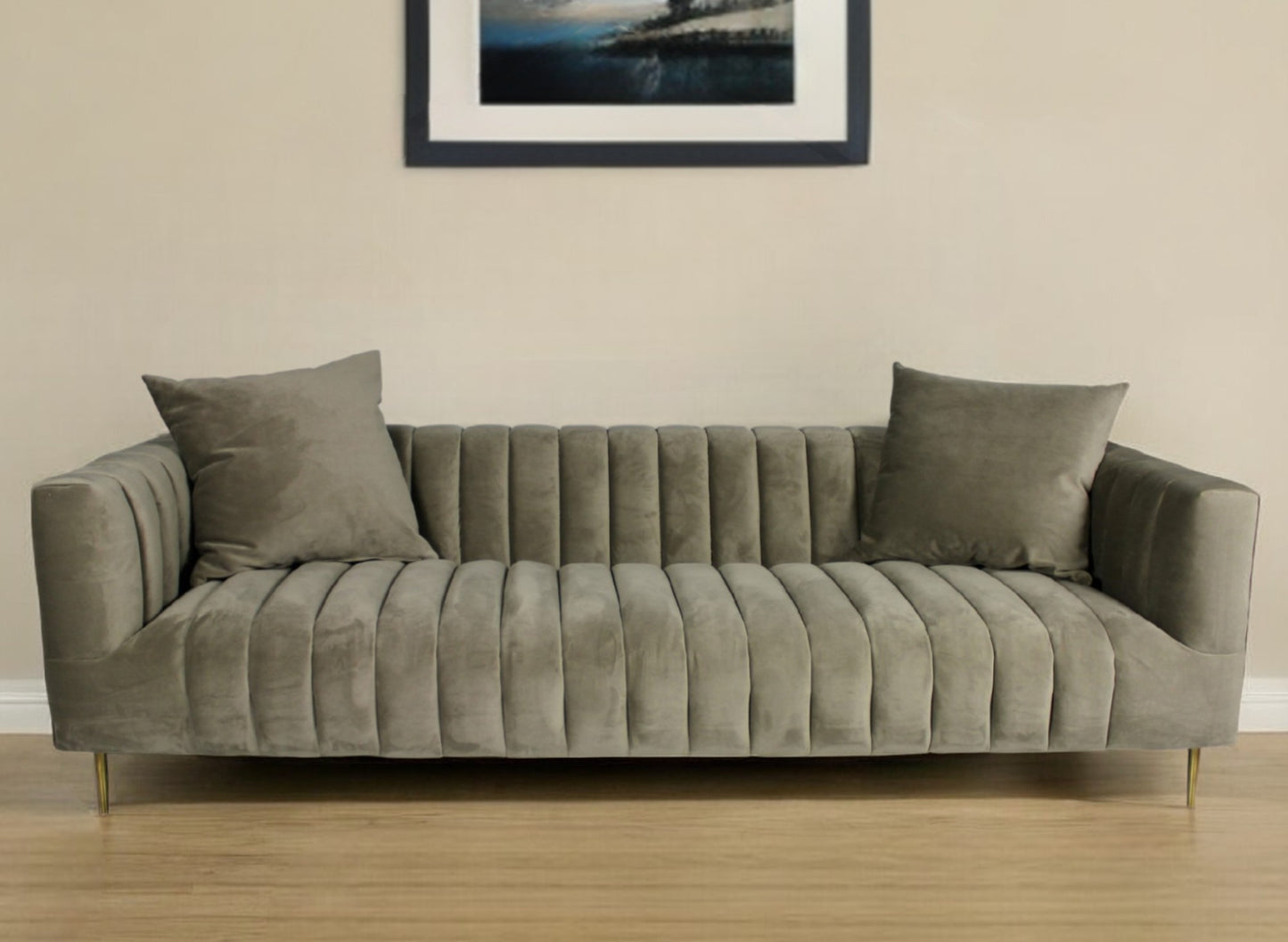 Gray Brown Velvet Sofa w/ Pillows