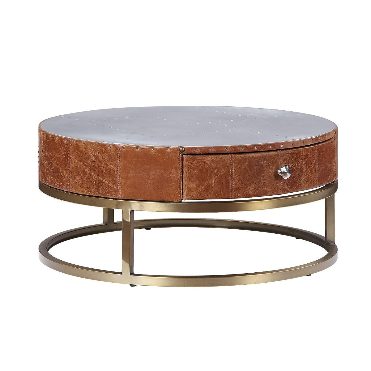 Cocoa & Silver Aluminum Round Coffee Table w/ Drawer