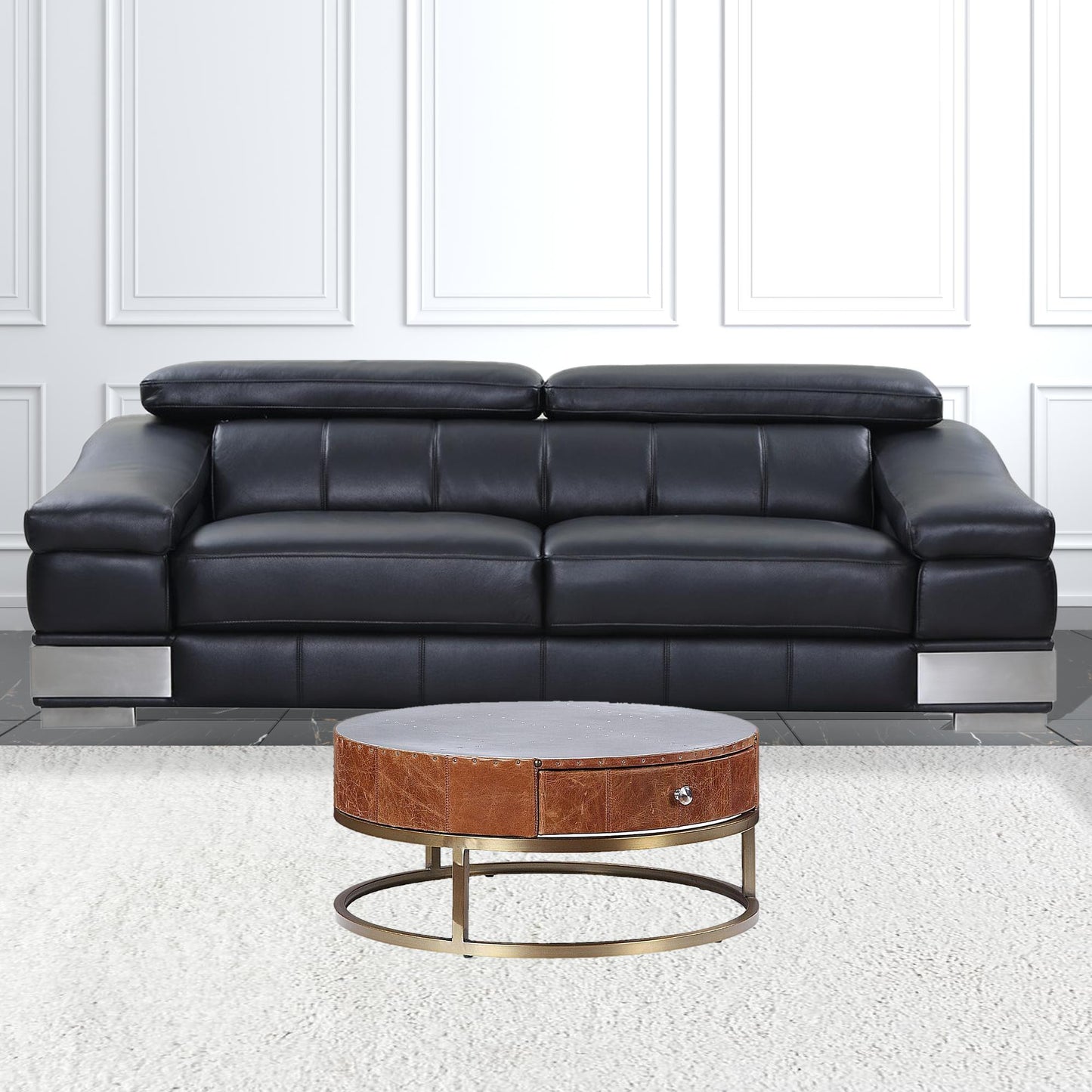 Cocoa & Silver Aluminum Round Coffee Table w/ Drawer