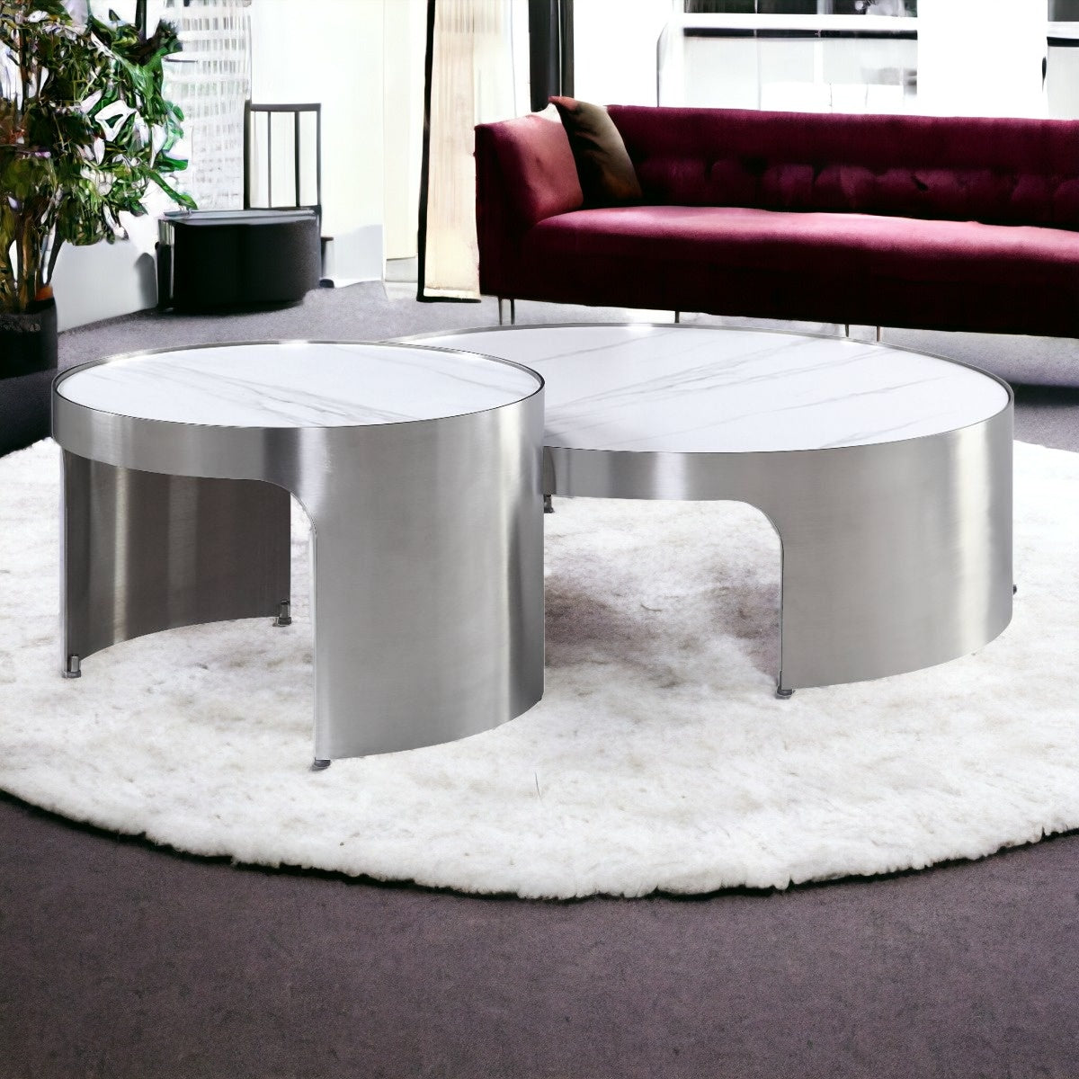 White & Silver Faux Marble Round Nesting Tables