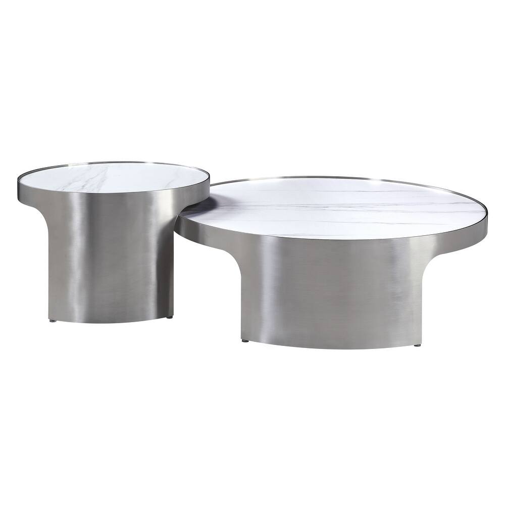 White & Silver Faux Marble Round Nesting Tables