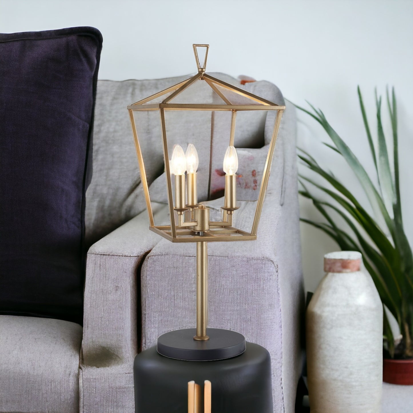 Black Iron Three Light Bedside Table Lamp