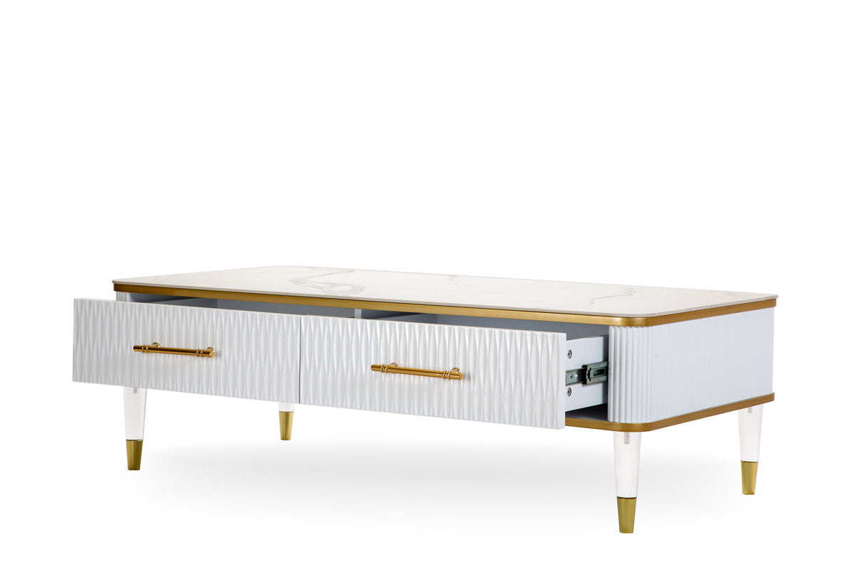 White Gold & Faux Stone Coffee Table w/ Drawer