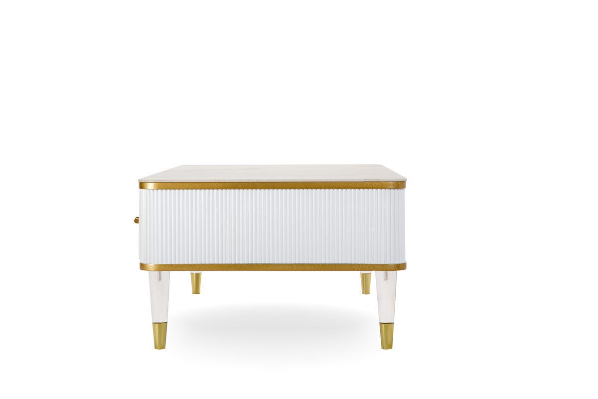 White Gold & Faux Stone Coffee Table w/ Drawer