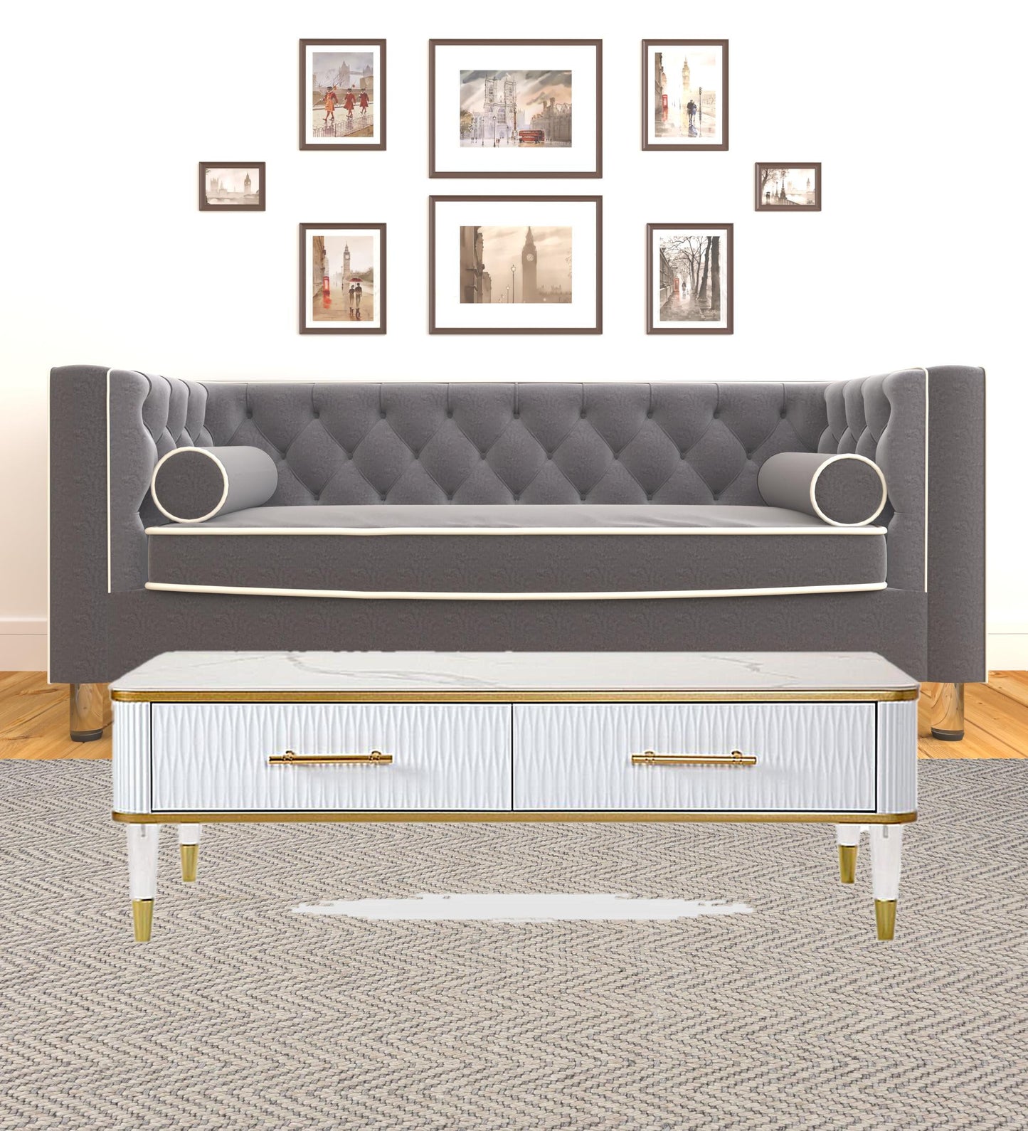 White Gold & Faux Stone Coffee Table w/ Drawer