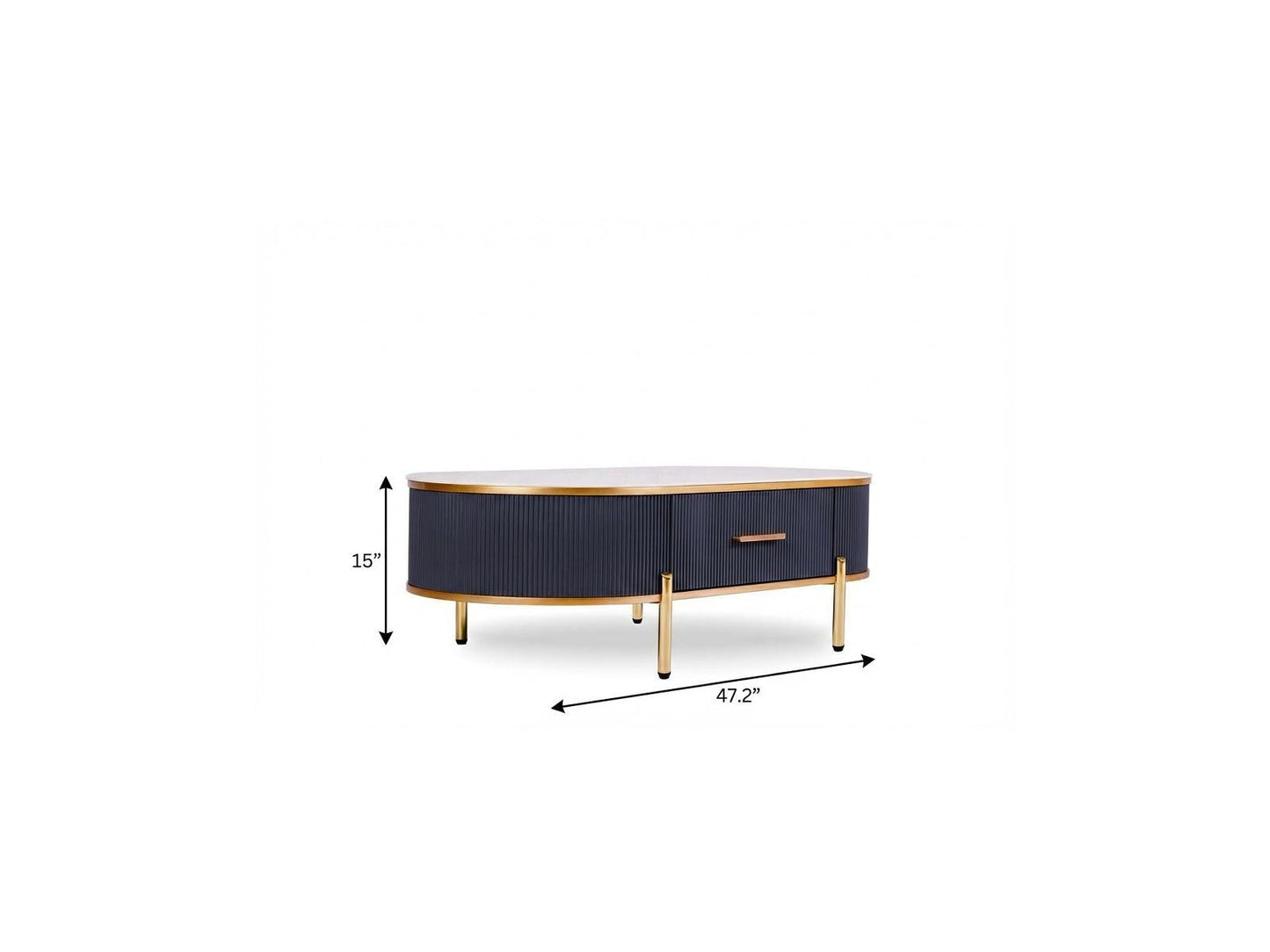 White & Gold Stone & Stainless Steel Oval Coffee Table w/ Drawer image 6