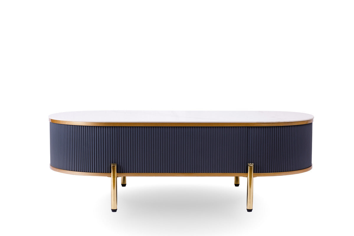 White & Gold Stone & Stainless Steel Oval Coffee Table w/ Drawer